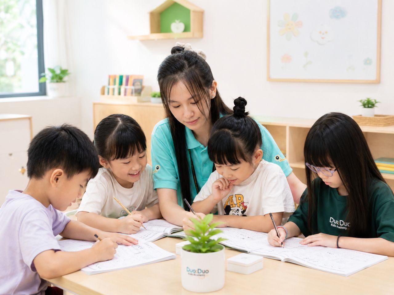 DuoDuo Educare teacher with children doing homework