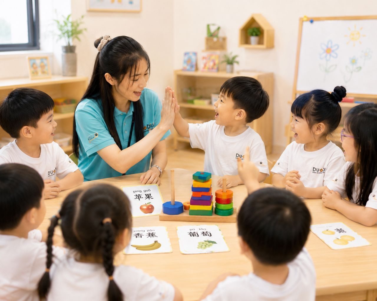 DuoDuo preschool class learning Chinese words with flashcards