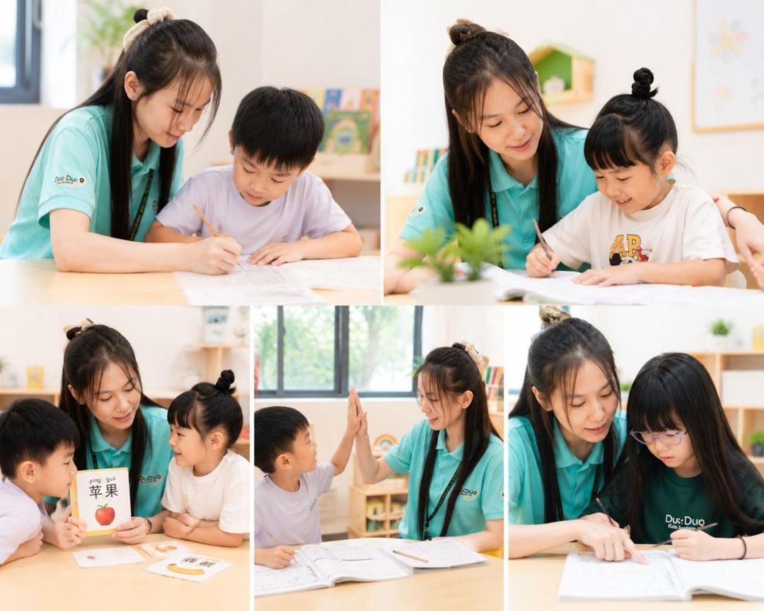 Collage of DuoDuo teachers guiding children one to one